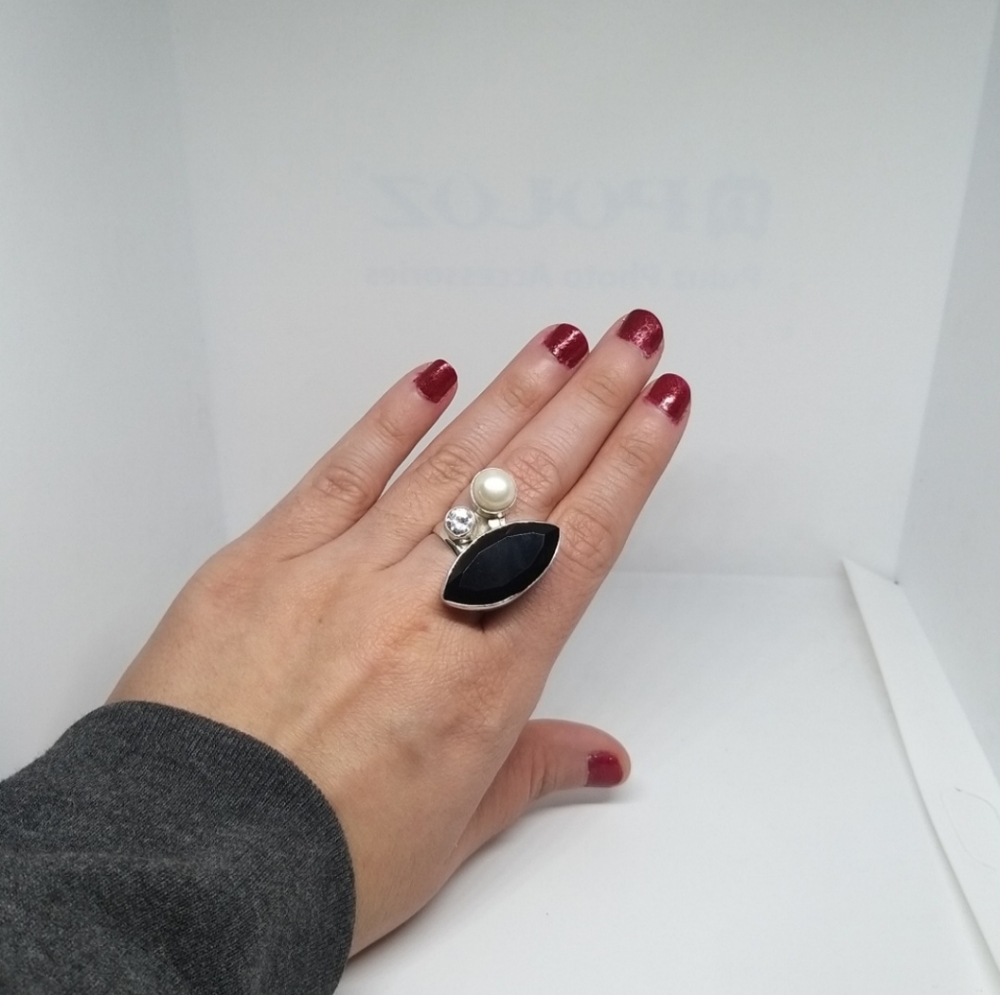 .925 Silver ring marquise cut cristal round zircon & faux pearl